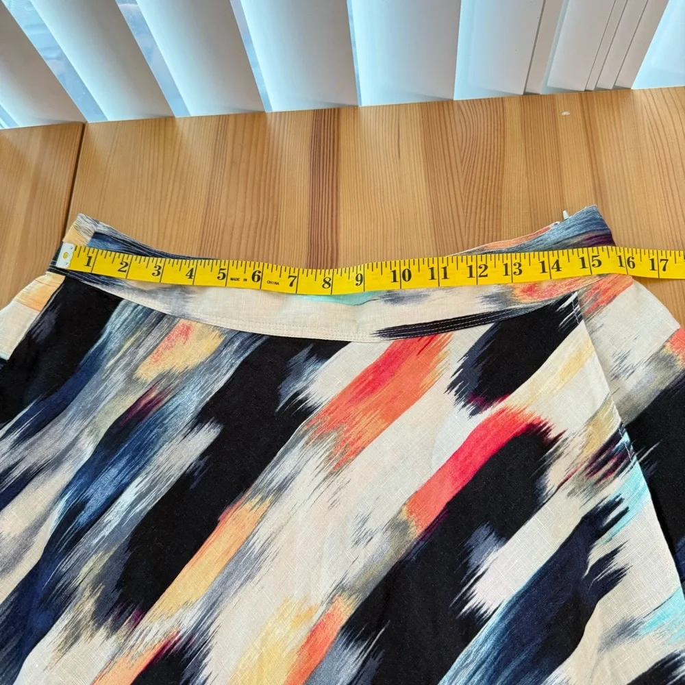 DKNY 100% Linen Paintbrush Strokes Midi Skirt Faux Wrap A Line Artsy 12 - Picture 7 of 10